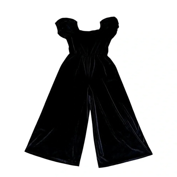 Nordstrom Black Velour Overall Cropped Short Sleeve Wide Leg XL 14/16 - Picture 1 of 9